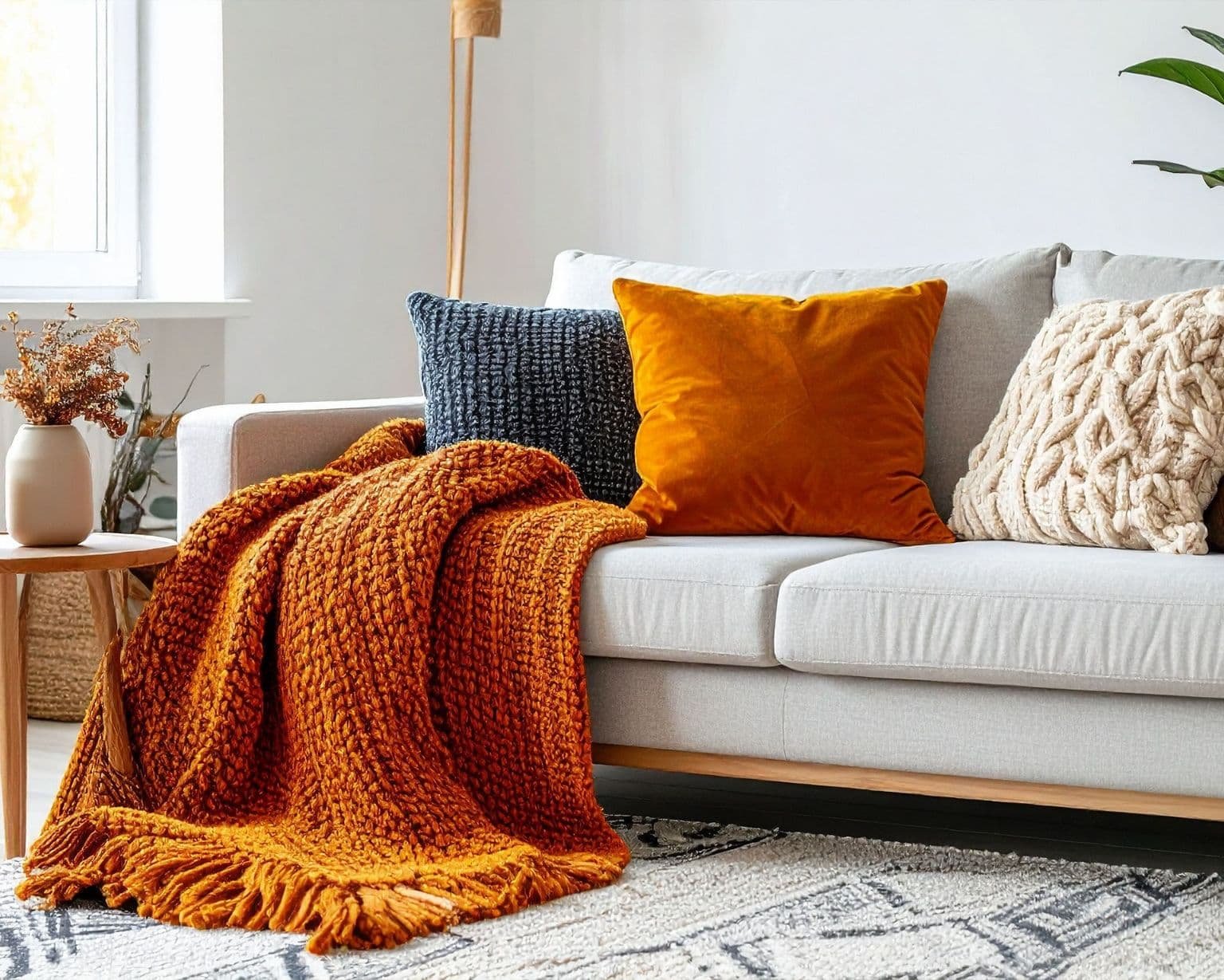 Sala acogedora con sofá y manta, representa un hogar tranquilo y armonioso con aroma natural de aceites esenciales – Un Aceite Para Eso