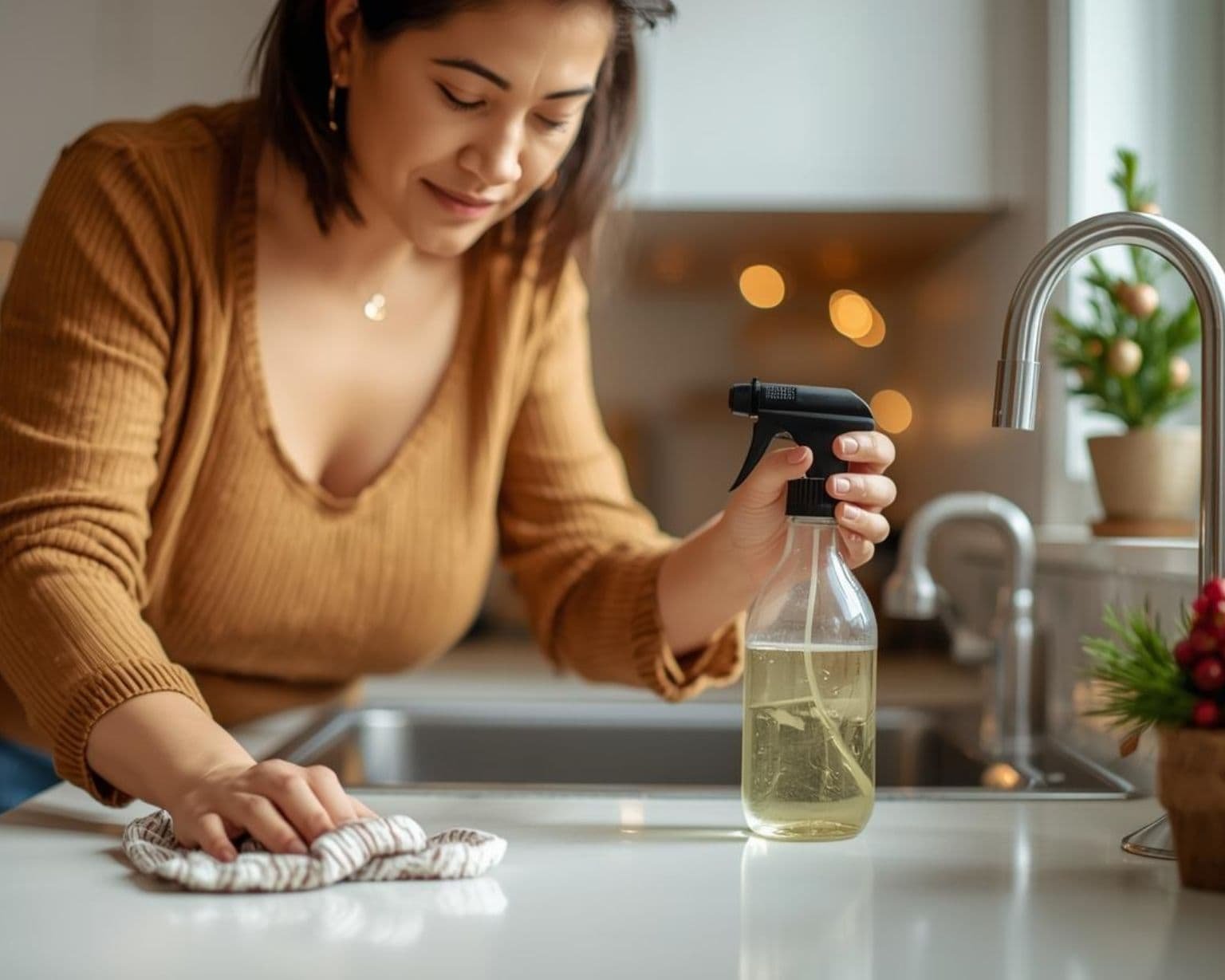 Mamá limpiando su hogar con productos naturales durante las fiestas, usando un limpiador casero en la cocina, creando un ambiente cálido, seguro y libre de tóxicos.