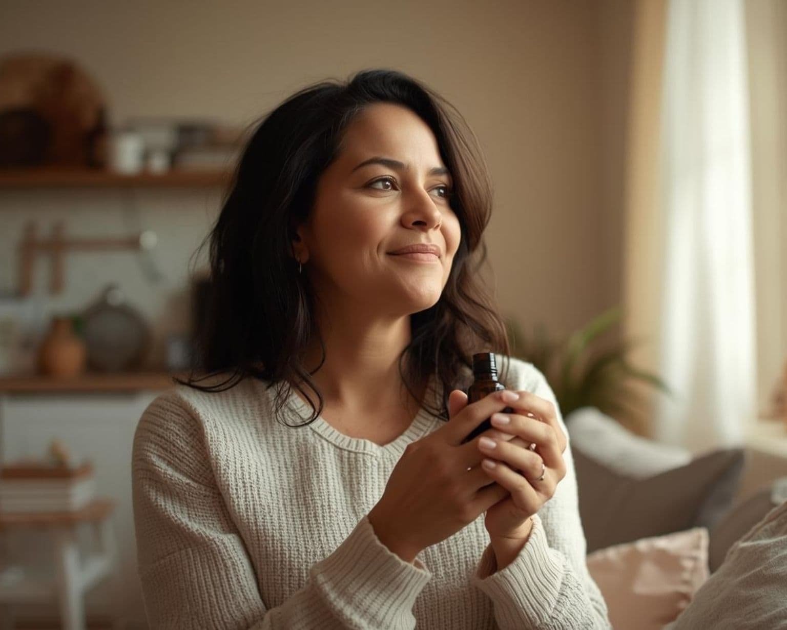 Mamá en casa iniciando su camino con aceites esenciales de forma tranquila y consciente.